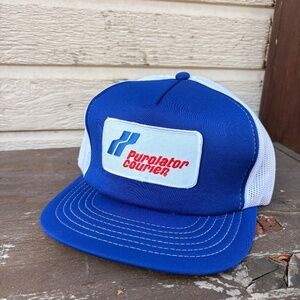 Vintage PUROLATOR COURIER patch trucker hat snapback mesh blue white